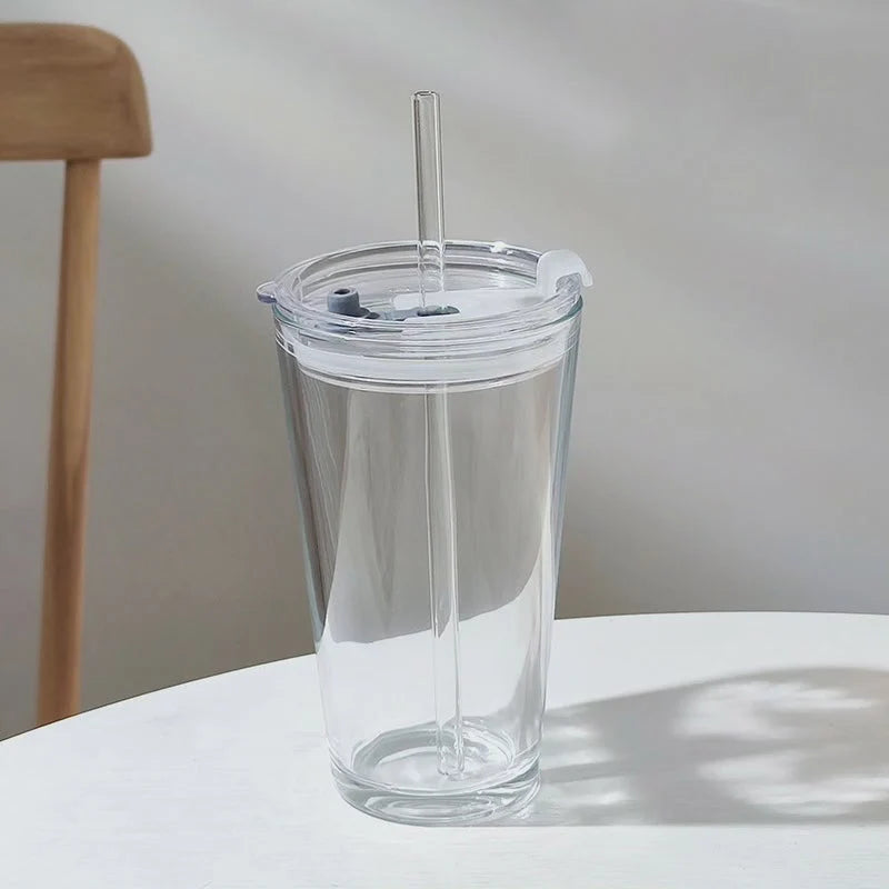 Glass Tumbler Borosilicate With Lid & Glass Straw Dishwasher-Safe 16.9 Oz