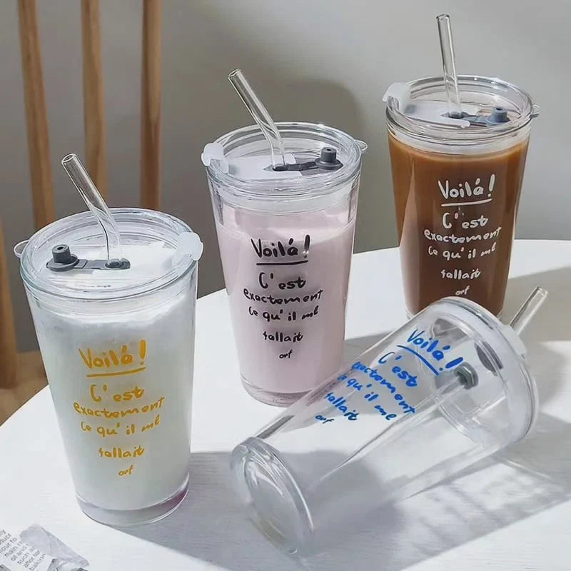 Glass Tumbler Borosilicate With Lid & Glass Straw Dishwasher-Safe 16.9 Oz