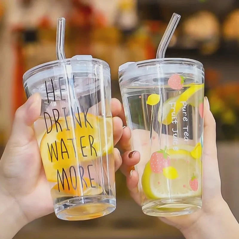 Glass Tumbler Borosilicate With Lid & Glass Straw Dishwasher-Safe 16.9 Oz