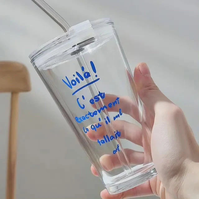 Glass Tumbler Borosilicate With Lid & Glass Straw Dishwasher-Safe 16.9 Oz