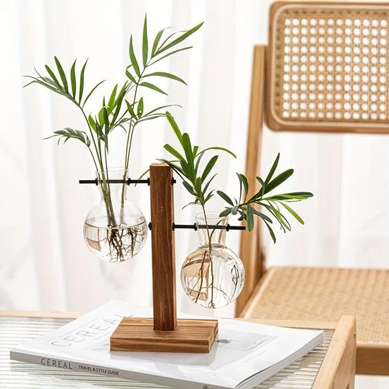 Glass Vase Clear Glass Wooden Stand Tabletop Décor