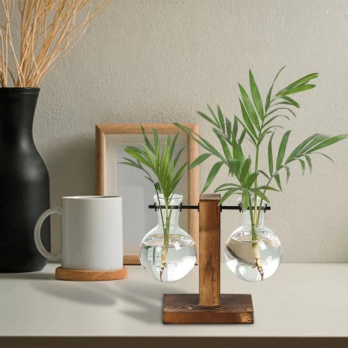 Glass Vase Clear Glass Wooden Stand Tabletop Décor