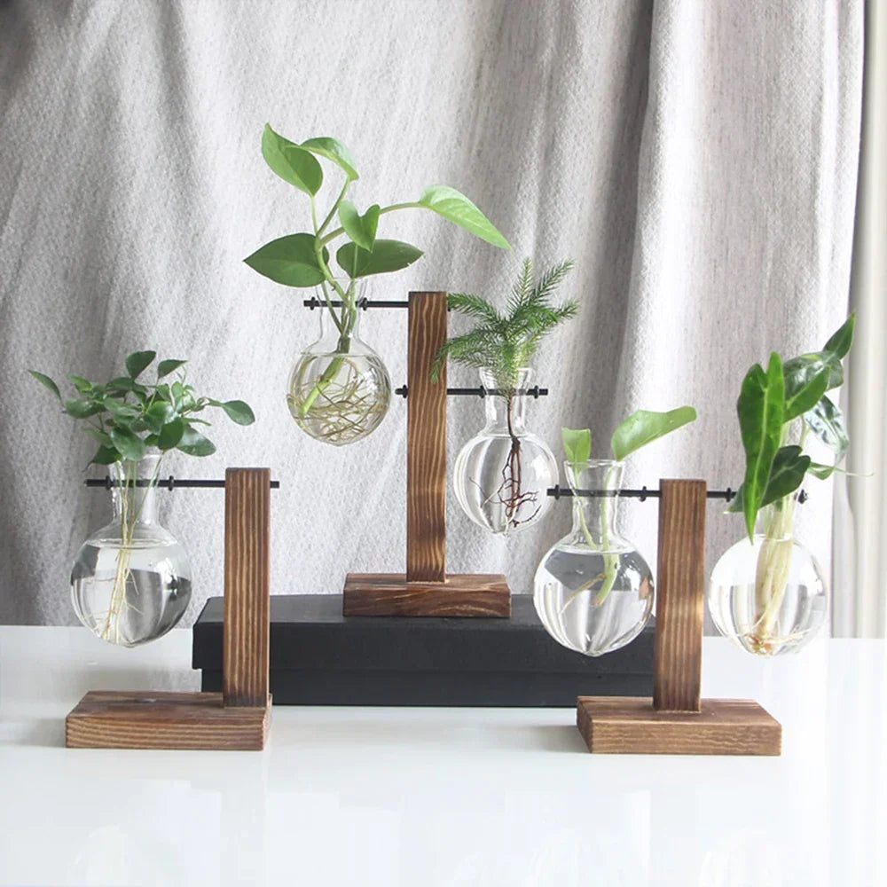 Glass Vase Clear Glass Wooden Stand Tabletop Décor