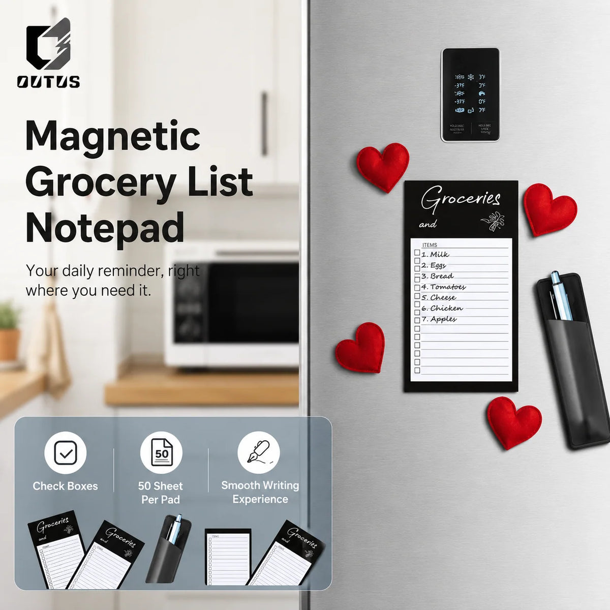Grocery List Notepad Magnetic With Pen Holder 50 Sheets