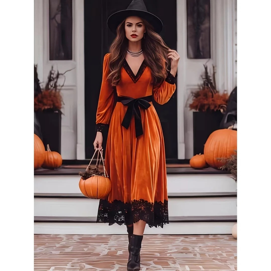 Halloween Costume Dress Vintage Lace-Up V-Neck