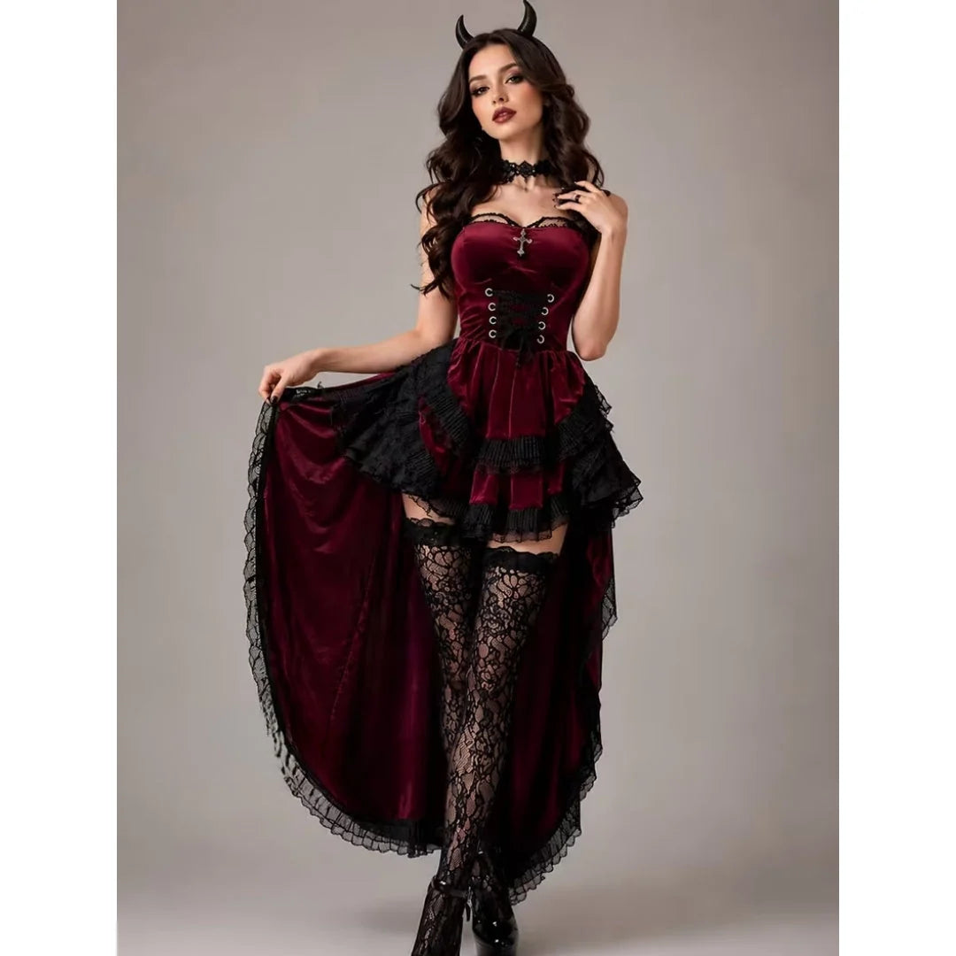 Halloween Costume Gothic Burgundy Black Lace 4-Piece Set