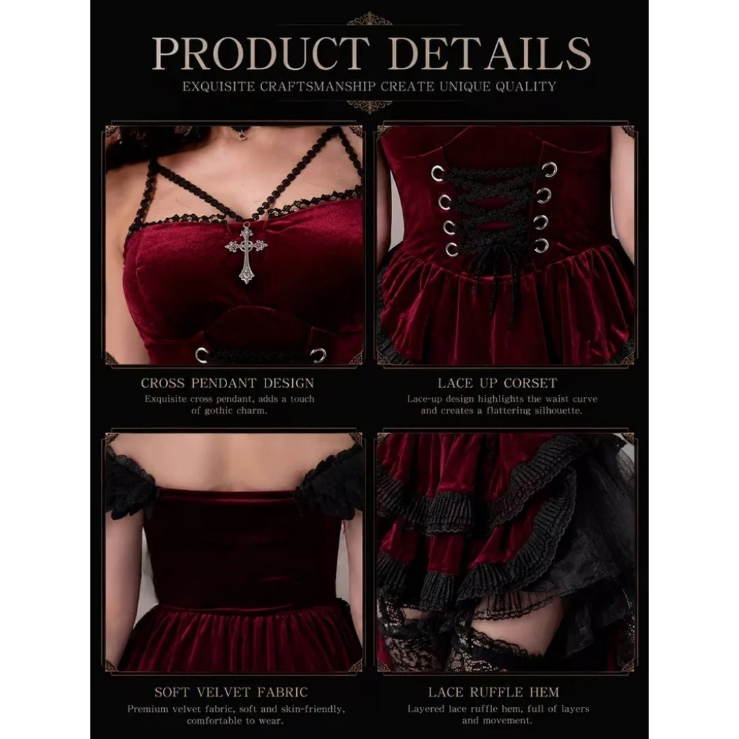 Halloween Costume Gothic Burgundy Black Lace 4-Piece Set
