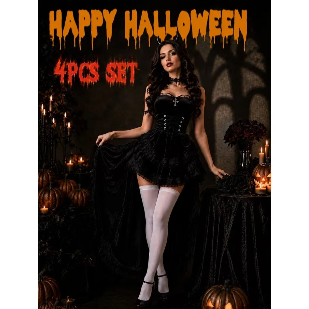 Halloween Costume Gothic Burgundy Black Lace 4-Piece Set