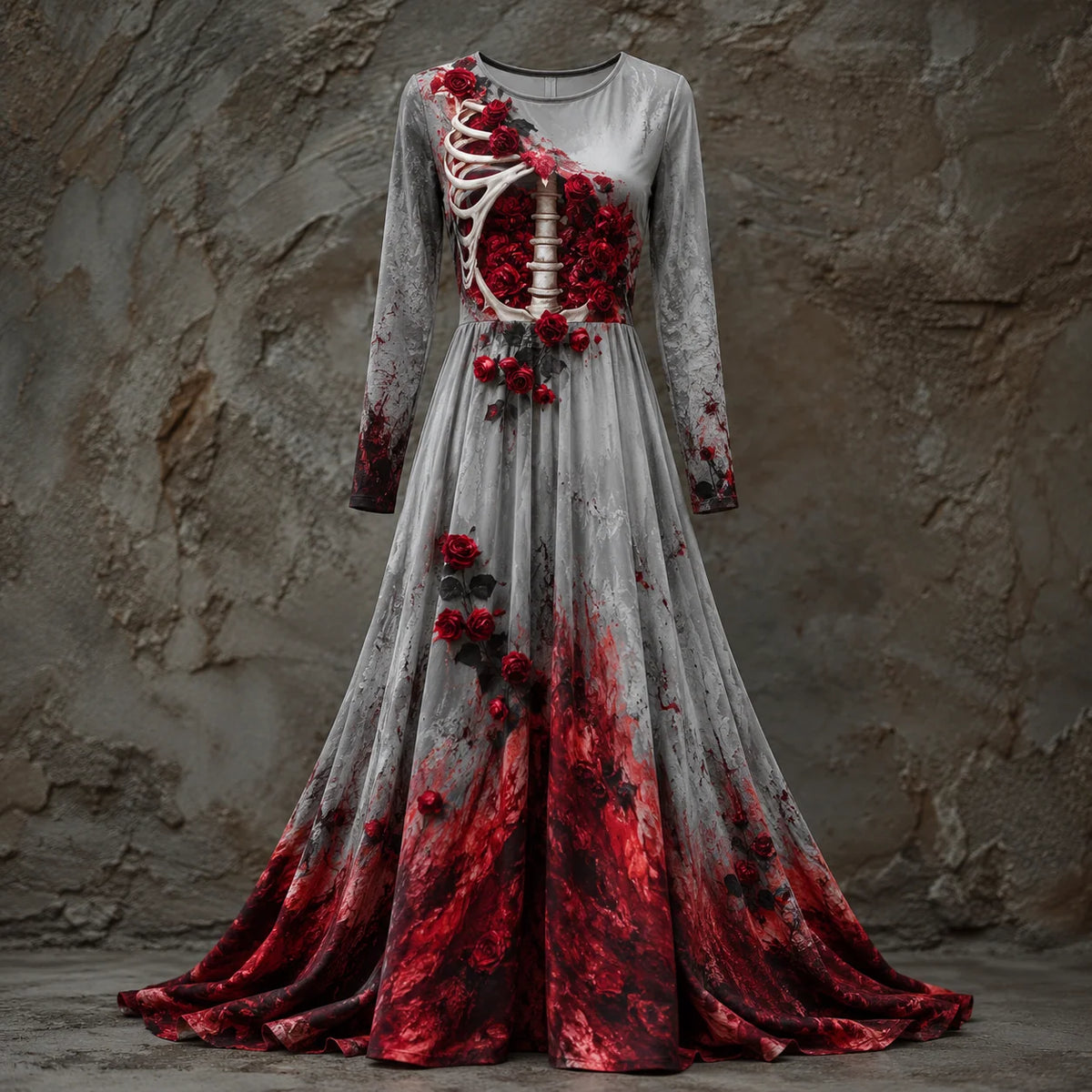 Halloween Gown Dress Skeletal Bodice Long Sleeve Maxi Length Dip-Dye Skirt