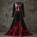 Halloween Gown Dress Skeletal Bodice Long Sleeve Maxi Length Dip-Dye Skirt