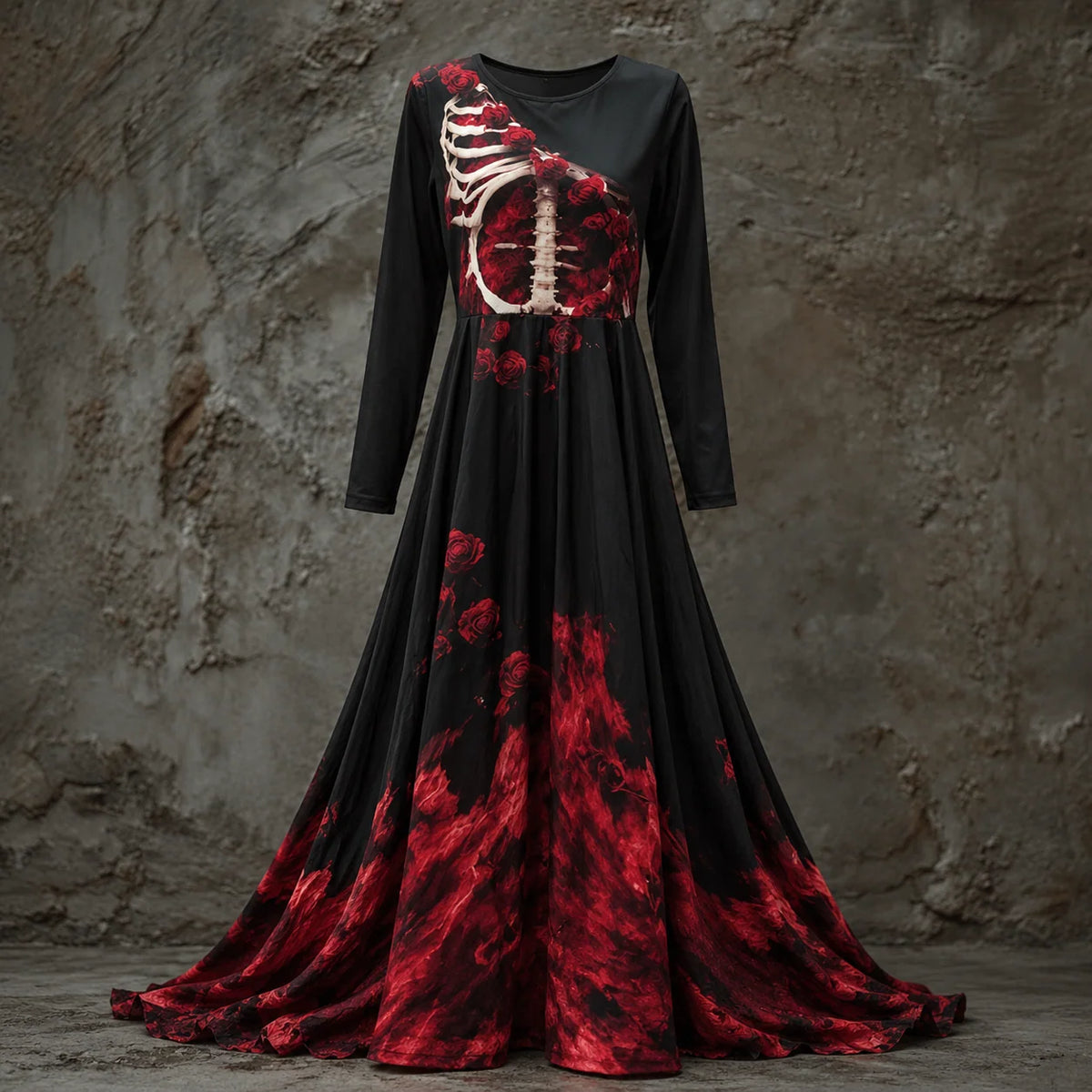 Halloween Gown Dress Skeletal Bodice Long Sleeve Maxi Length Dip-Dye Skirt