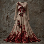 Halloween Gown Dress Skeletal Bodice Long Sleeve Maxi Length Dip-Dye Skirt