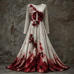 Halloween Gown Dress Skeletal Bodice Long Sleeve Maxi Length Dip-Dye Skirt