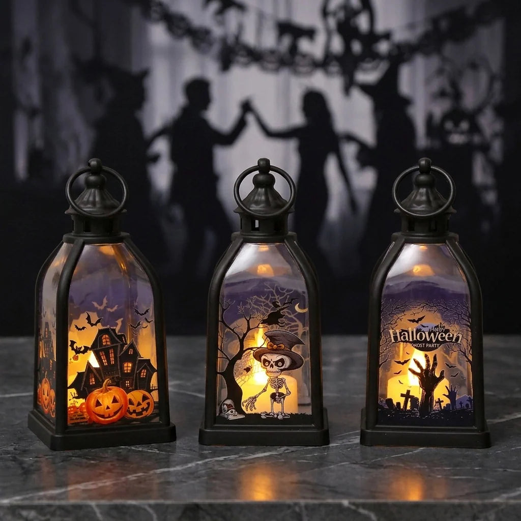 Halloween Lantern Metal & Glass Warm White LED Intricate Cutout Designs