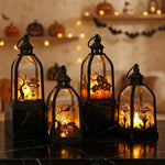 Halloween Lantern Metal & Glass Warm White LED Intricate Cutout Designs