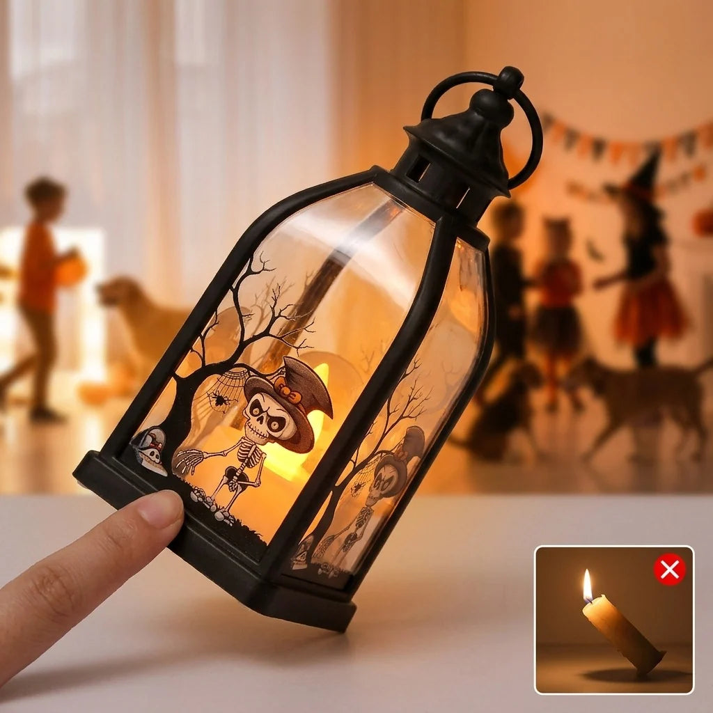 Halloween Lantern Metal & Glass Warm White LED Intricate Cutout Designs