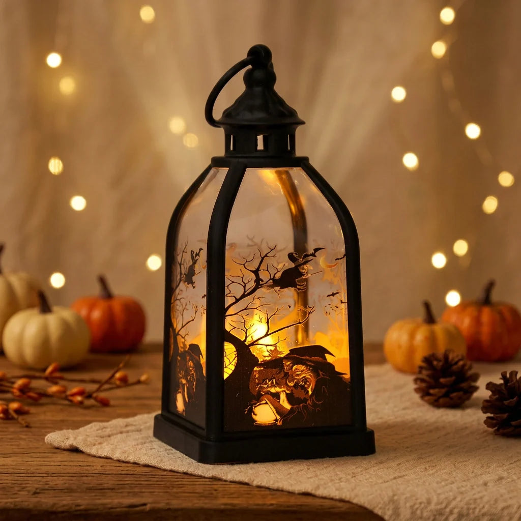 Halloween Lantern Metal & Glass Warm White LED Intricate Cutout Designs