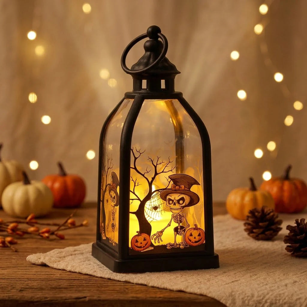 Halloween Lantern Metal & Glass Warm White LED Intricate Cutout Designs
