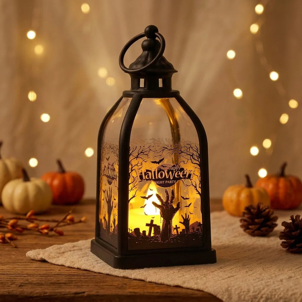Halloween Lantern Metal & Glass Warm White LED Intricate Cutout Designs
