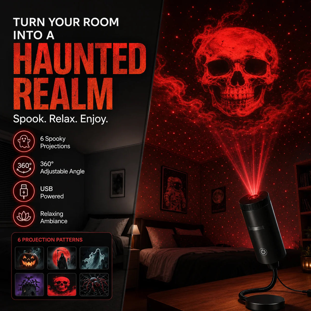 Halloween Projector Rotating Projections 6 Scene Discs USB Powered