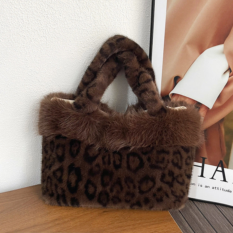 Handbag Faux Fur Leopard Print Spacious Interior
