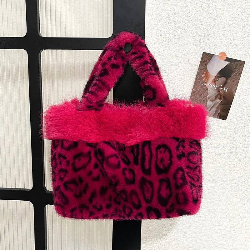 Handbag Faux Fur Leopard Print Spacious Interior