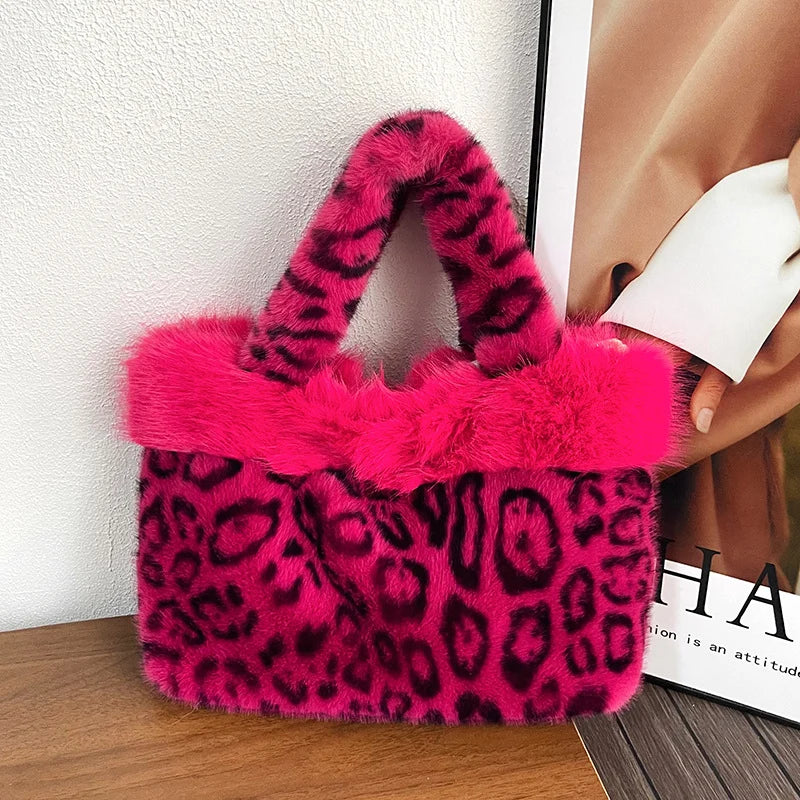 Handbag Faux Fur Leopard Print Spacious Interior