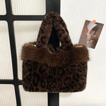 Handbag Faux Fur Leopard Print Spacious Interior