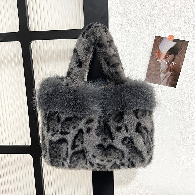 Handbag Faux Fur Leopard Print Spacious Interior