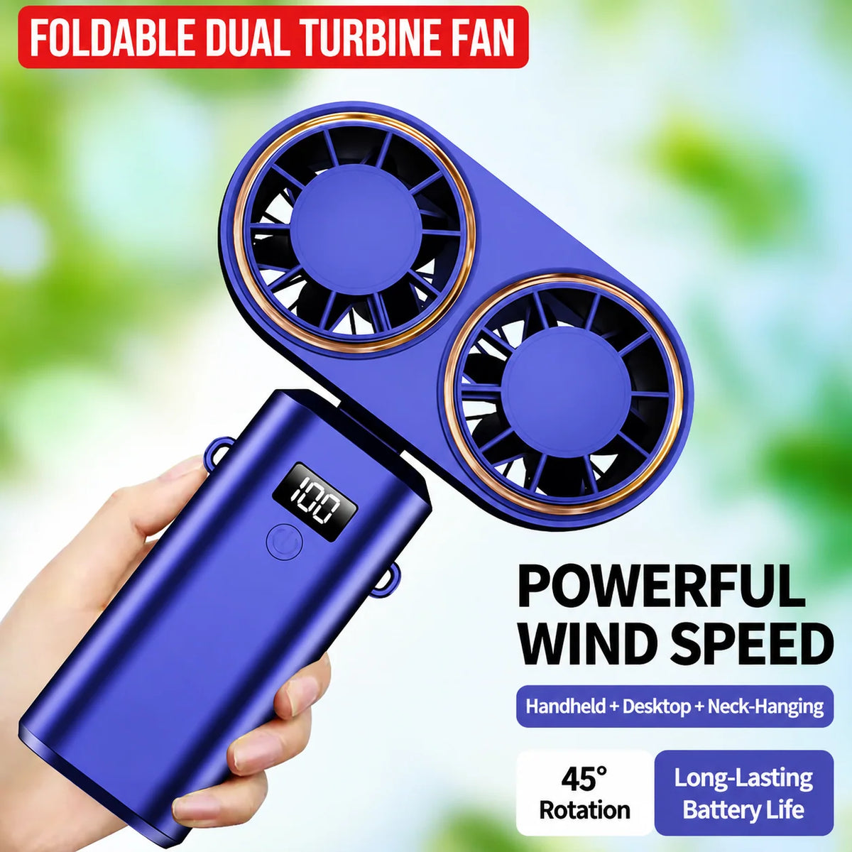 Handheld Fan Dual Airflow 5-Speed Rechargeable USB-C