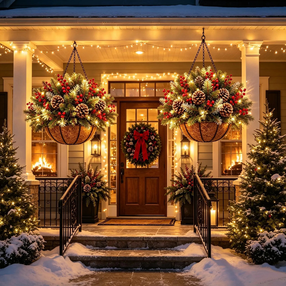 Hanging Christmas Basket Warm White LED Lights Battery-Powered Evergreen Decor