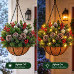 Hanging Christmas Basket Warm White LED Lights Battery-Powered Evergreen Decor