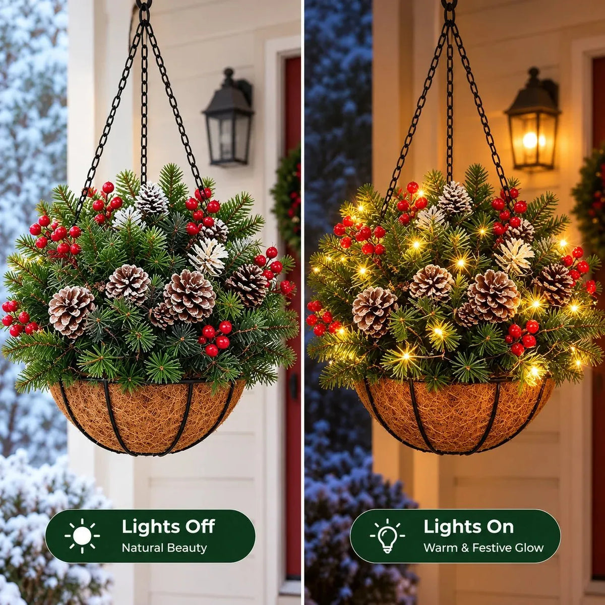 Hanging Christmas Basket Warm White LED Lights Battery-Powered Evergreen Decor