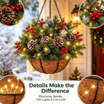 Hanging Christmas Basket Warm White LED Lights Battery-Powered Evergreen Decor