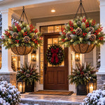 Hanging Christmas Basket Warm White LED Lights Battery-Powered Evergreen Decor