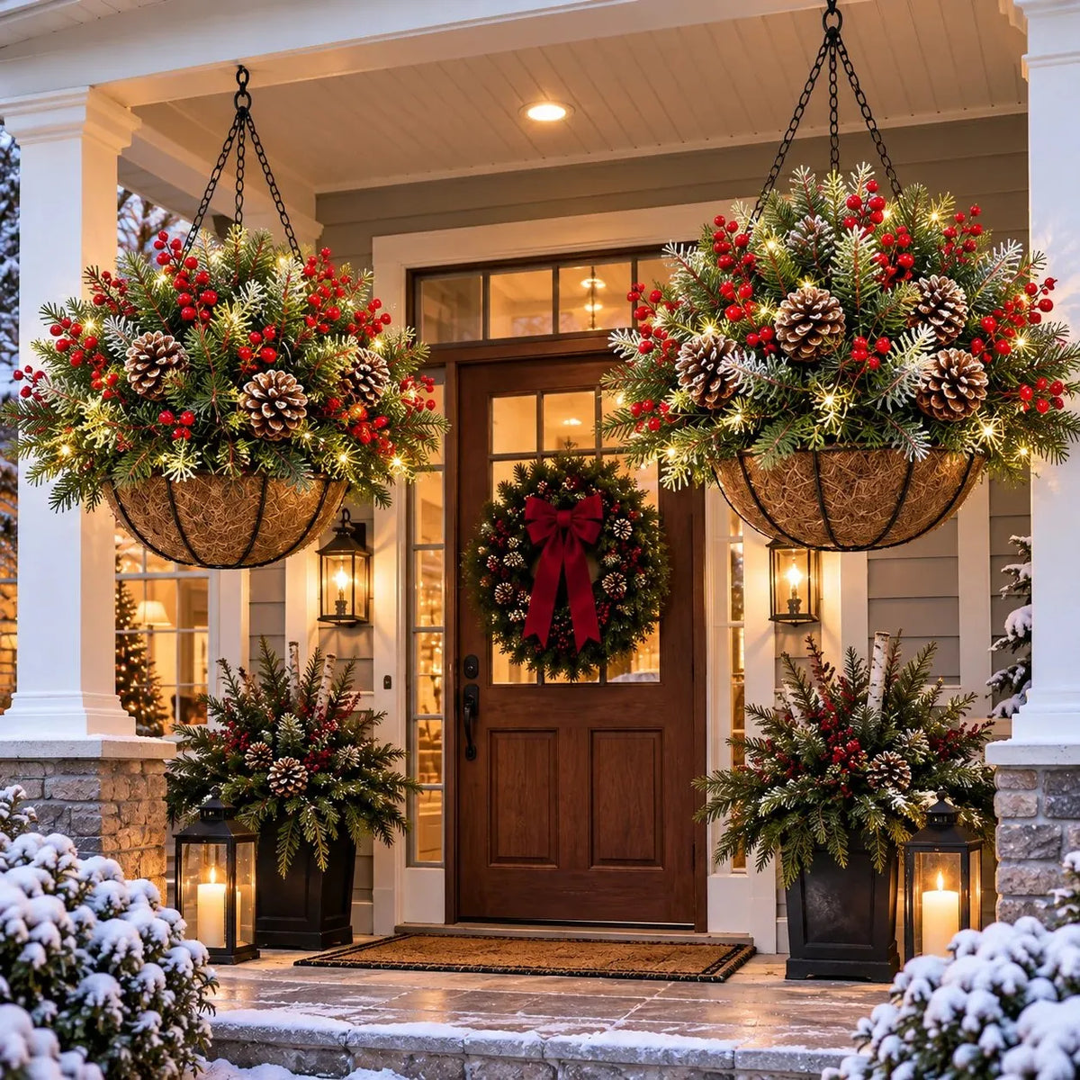 Hanging Christmas Basket Warm White LED Lights Battery-Powered Evergreen Decor