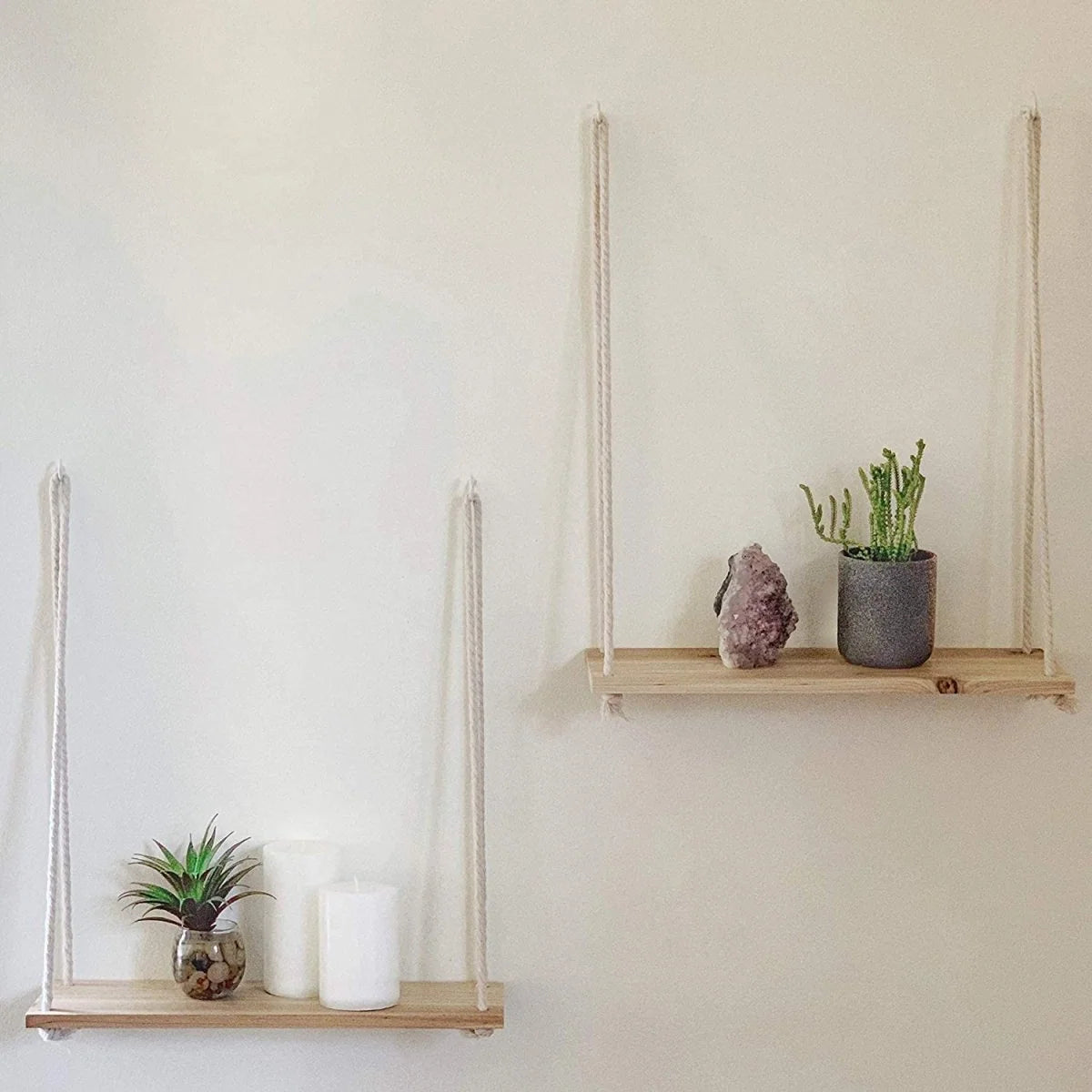 Hanging Shelf Wooden Rope Suspended Minimalist Style