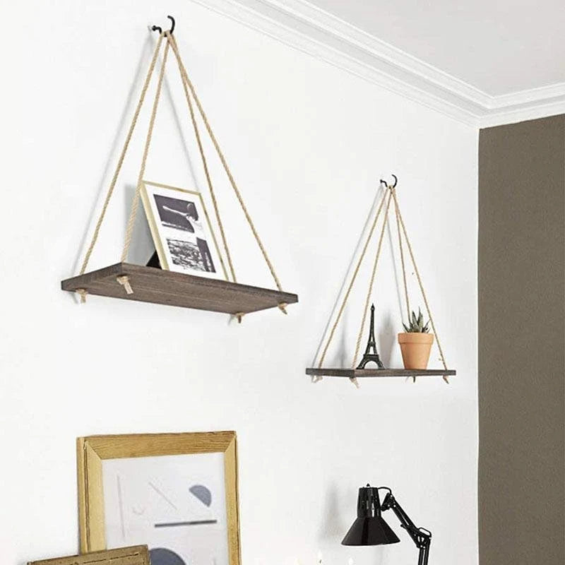 Hanging Shelf Wooden Rope Suspended Minimalist Style