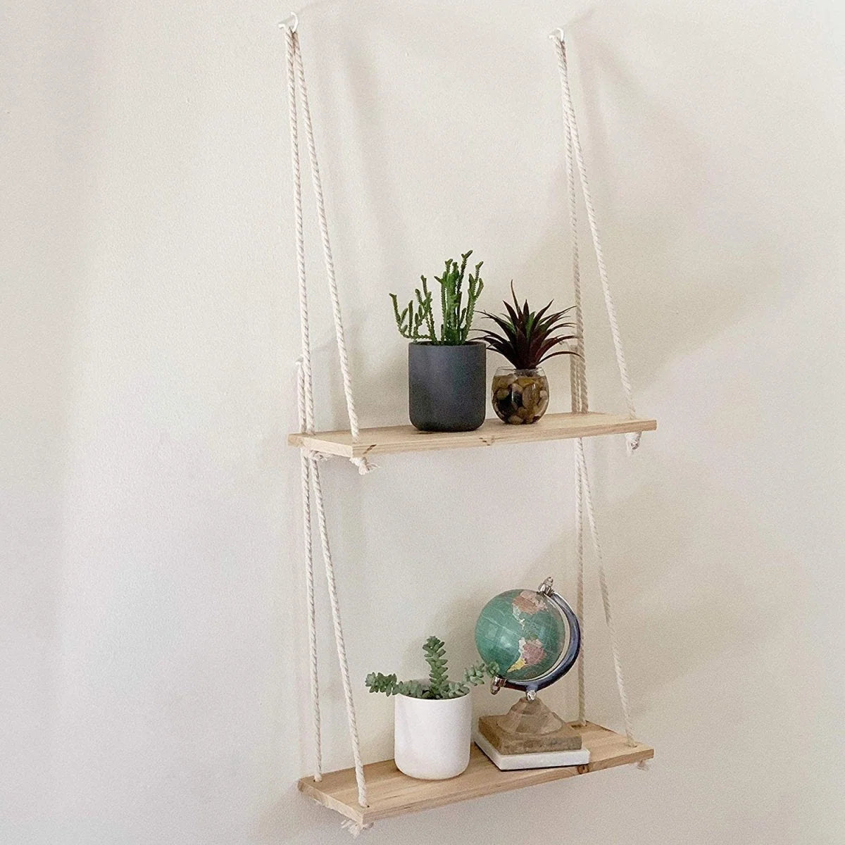 Hanging Shelf Wooden Rope Suspended Minimalist Style