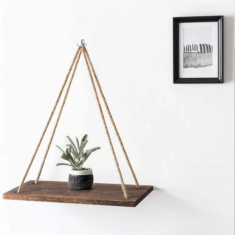 Hanging Shelf Wooden Rope Suspended Minimalist Style