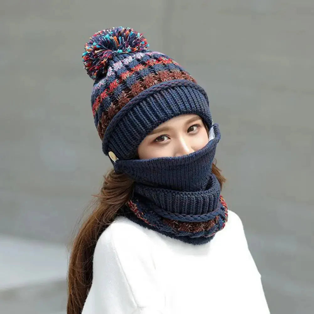 Hat And Scarf Set Velvet Lined Removable Face Mask