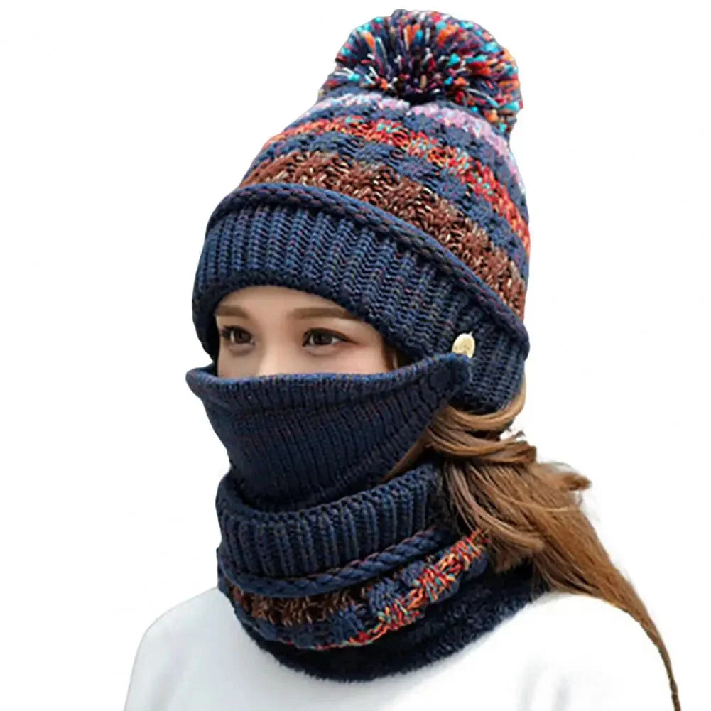 Hat And Scarf Set Velvet Lined Removable Face Mask