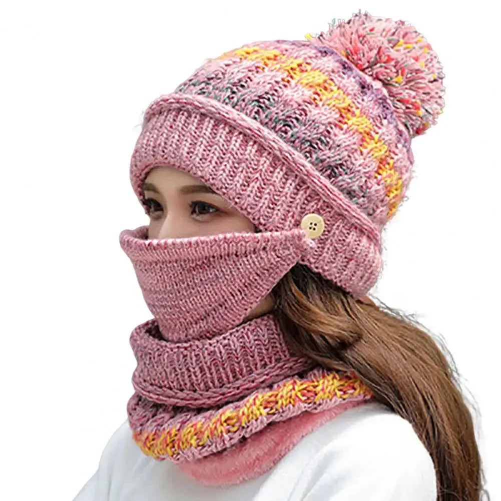 Hat And Scarf Set Velvet Lined Removable Face Mask