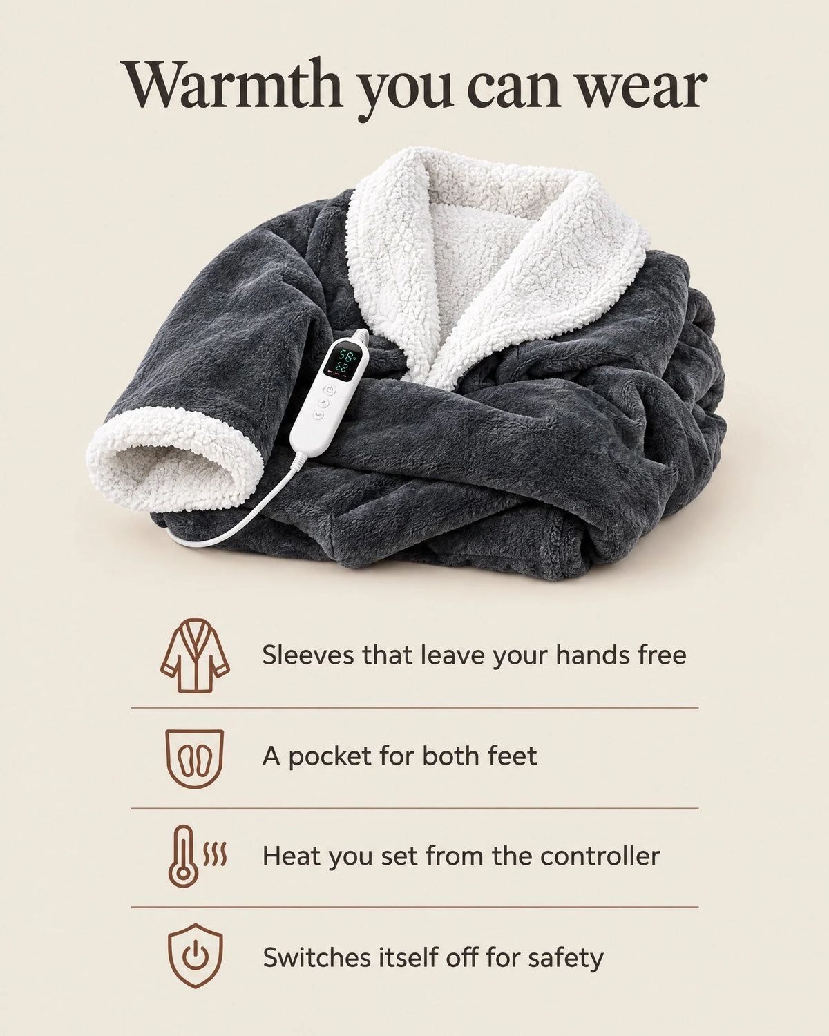 Heated Blanket Robe Sherpa-Lined Adjustable Heat Foot Pocket