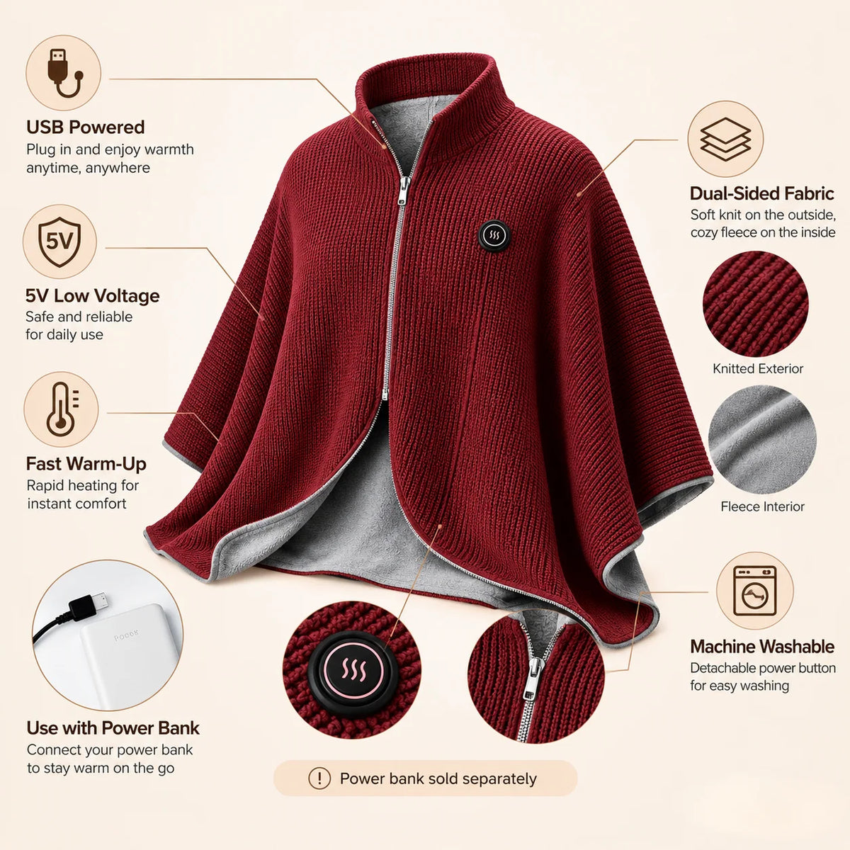 Heated Shawl USB Powered 3 Heat Settings