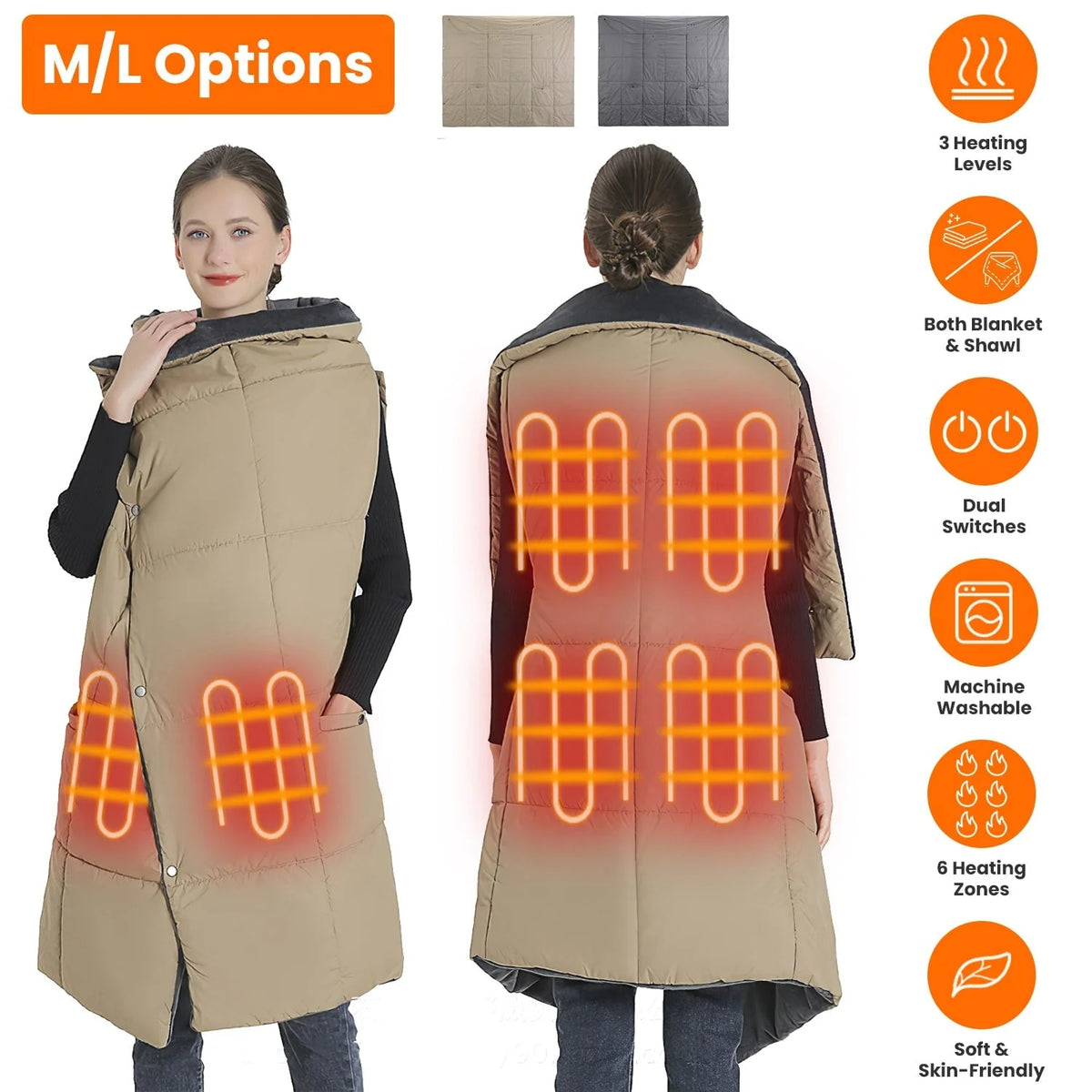 Heated Wrap Blanket Six-Zone USB-Powered with Pockets
