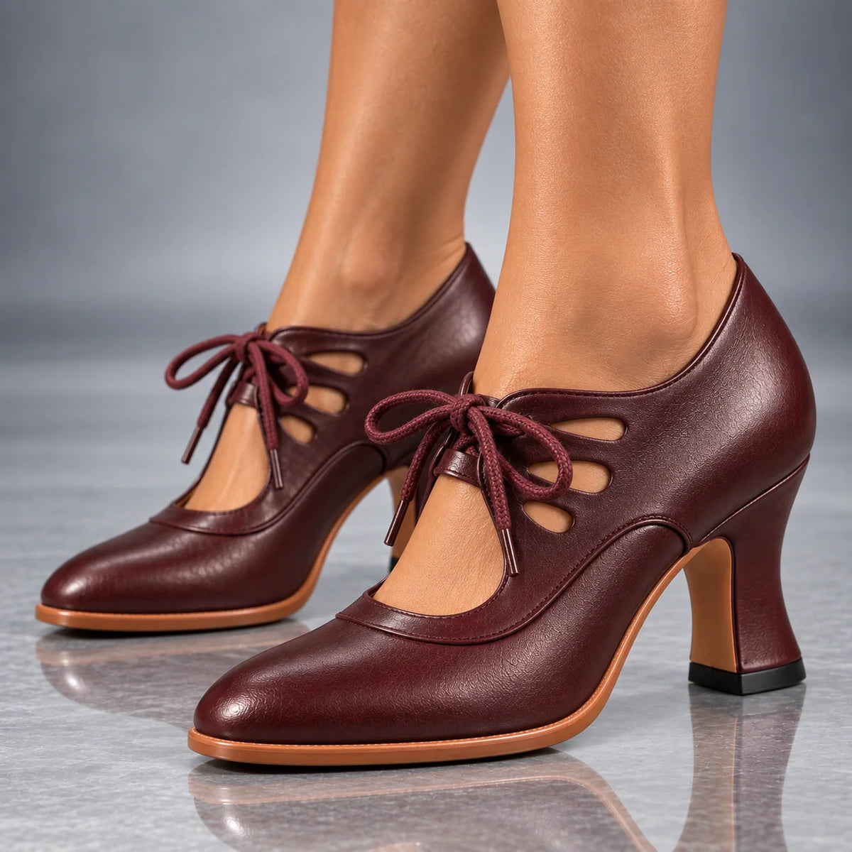 Heels Genuine Leather Lace-Up Sculpted Curved Heel