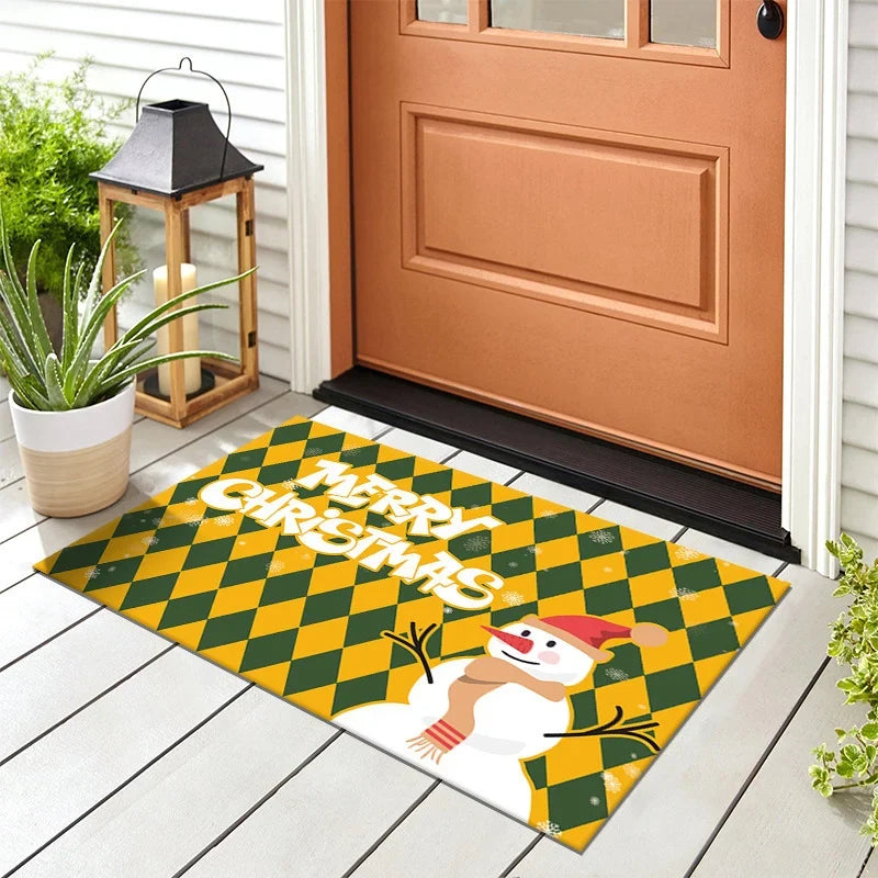 Holiday Door Mat Snowman Checkered Weatherproof & Non-Slip Backing