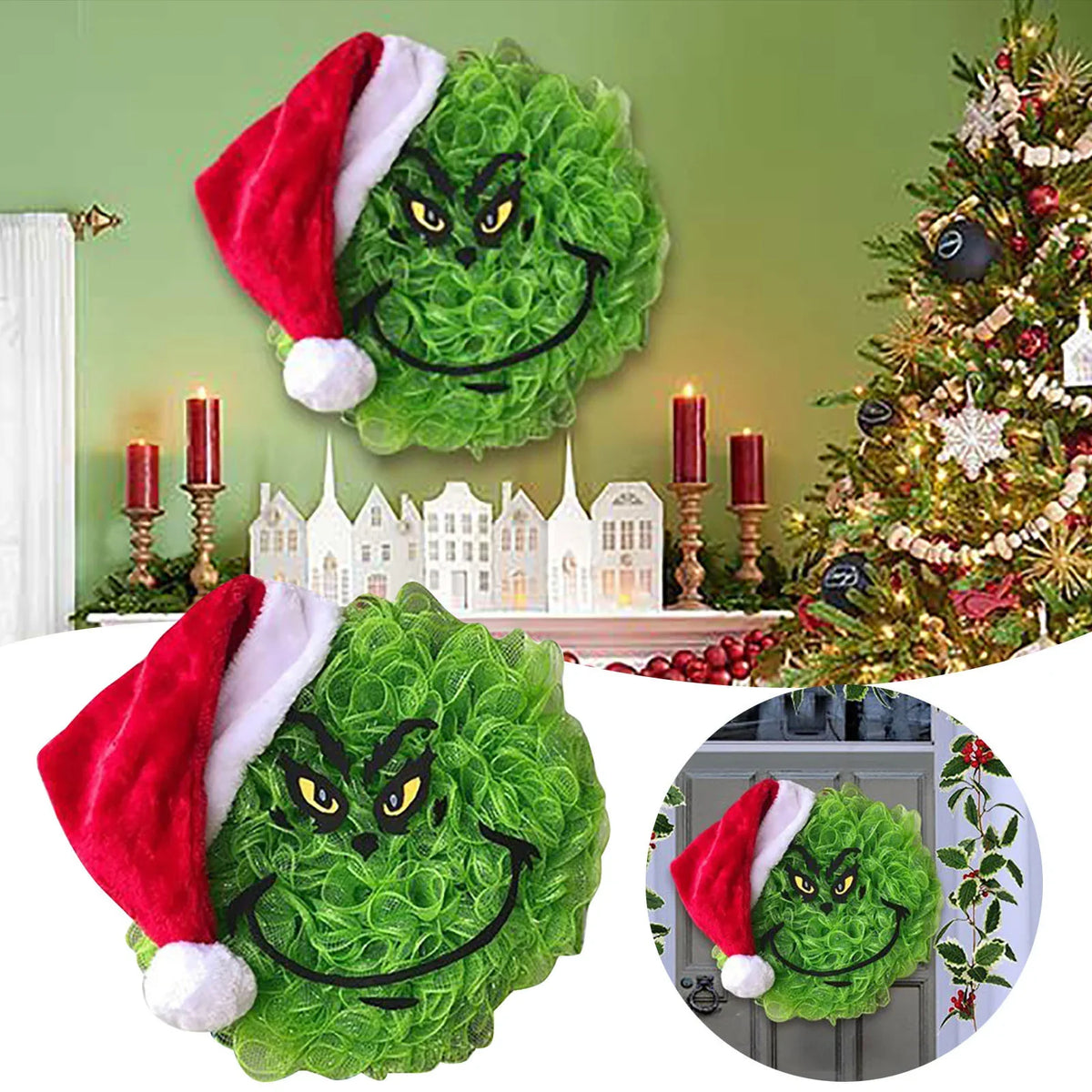 Holiday Door Wreath Grinch Face Weather-Resistant Indoor & Outdoor