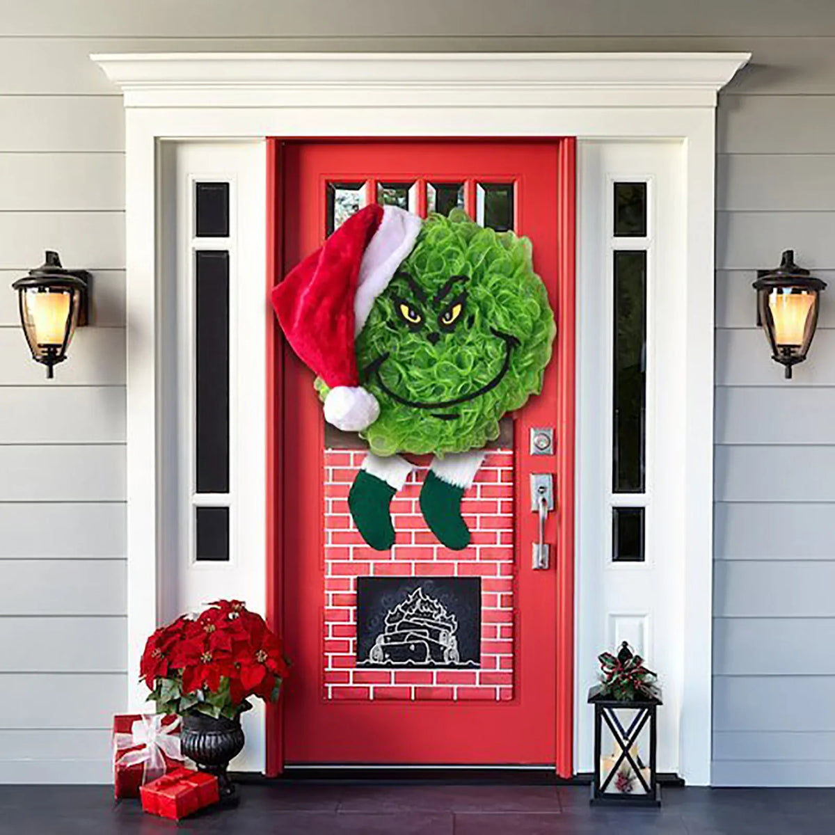 Holiday Door Wreath Grinch Face Weather-Resistant Indoor & Outdoor